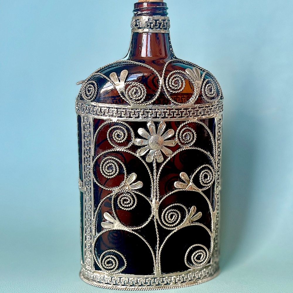 Antique Bottle Silver Overlay Vintage Flask Ornate Perfume Bottle Vanity Display